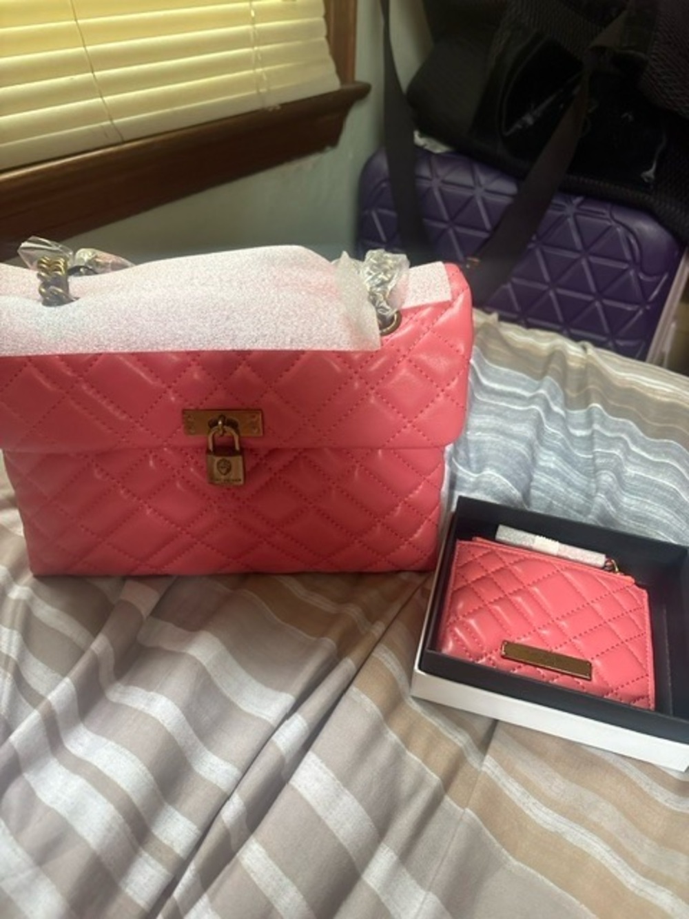 Kurt Geiger Quilted Coral Shoulder Bag with Matching Cardholder